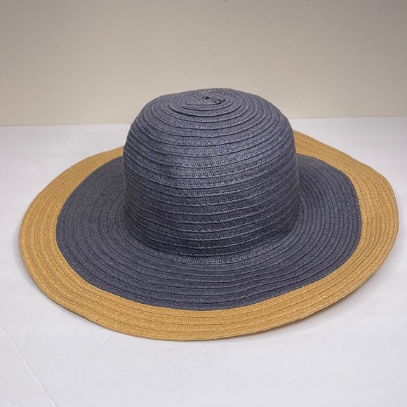 Accessories - Straw Hat Blue & Tan Wide Brim Coastal Grandma Sun Beach